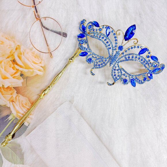 Handmade Accessories - Blue Masquerade Mask, Met Gala Stick Mask, Gold Masquerade Ball Mask, Prom Mask